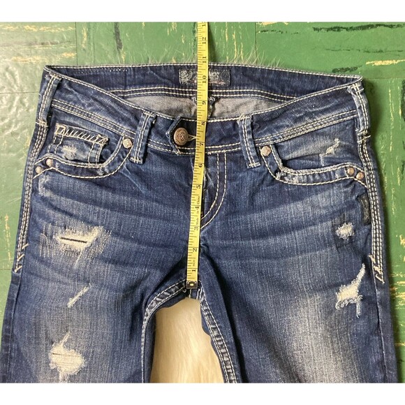 Silver Jeans Womens W29/L31 Blue Tuesday Bootcut Distressed Rip Cowgirl Chic - Picture 13 of 14
